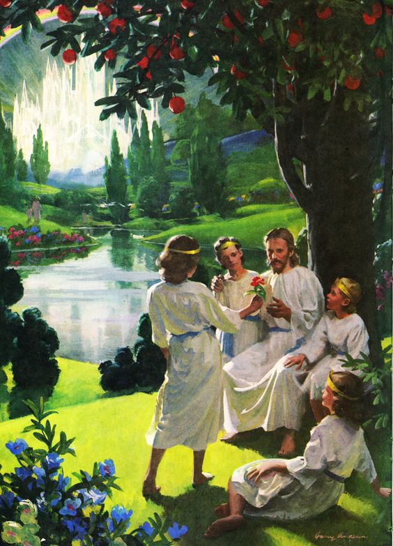 Beautiful painting by Harry Anderson depicting life on a New Earth. Several children dressed in white gather around Jesus beneath a large tree in a verdant garden. One of them hands him a rose. Behind them rises the crystalline spires of the New Jerusalem, that Holy City, surrounded by a rainbow and the glory of God.